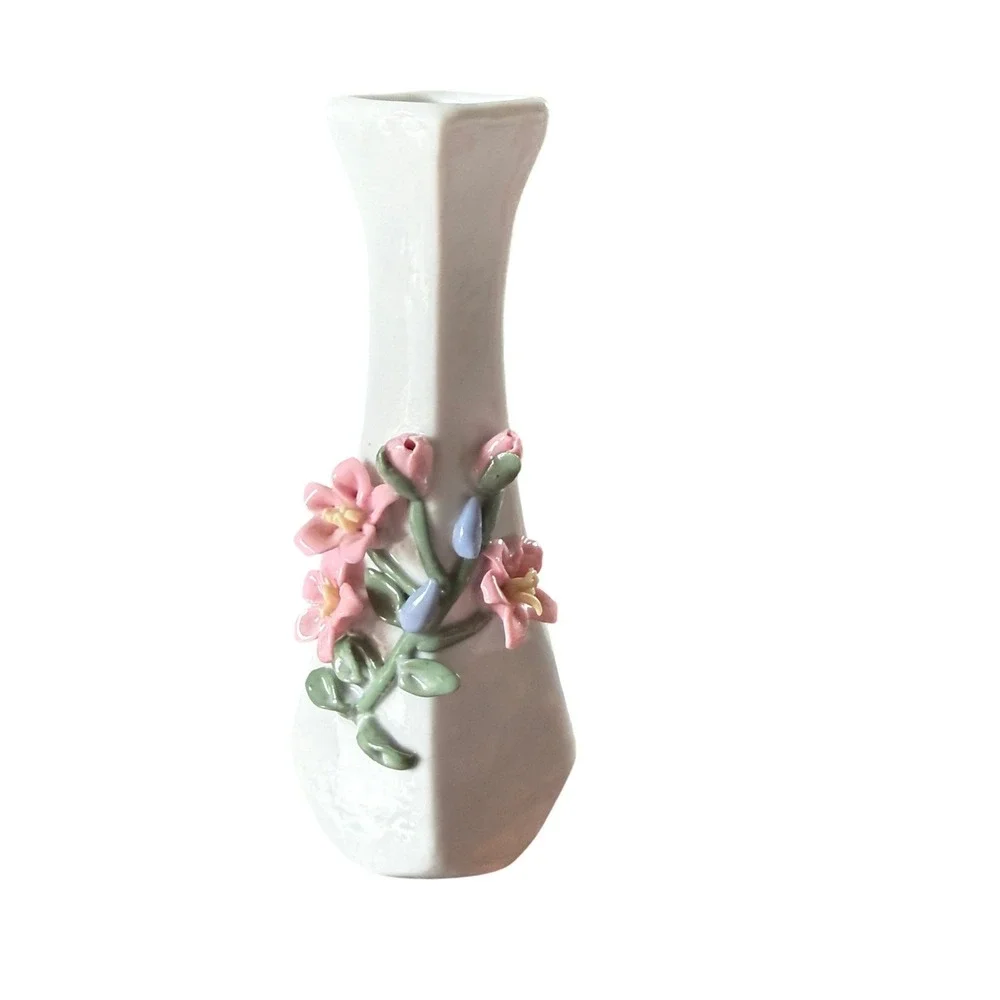 Vintage White Porcelain Bud Vase 3D Pink Floral Applied Design 7.25 Inch